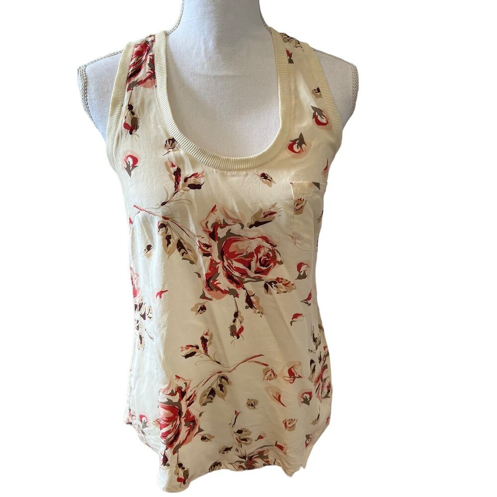 JOIE Silk Racerback Tank Top Cream Rose Print XS